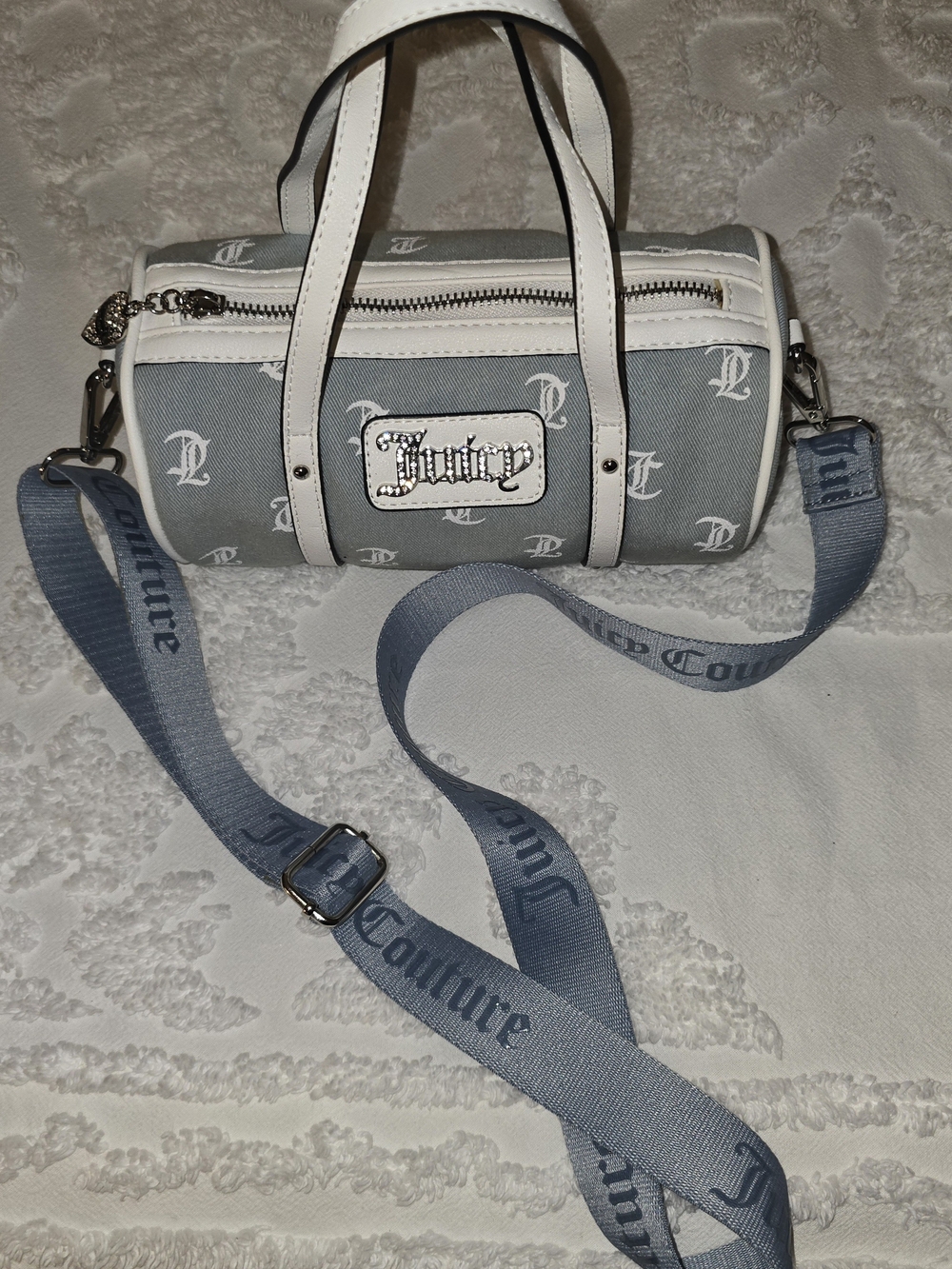 Juicy Couture Light Blue and White Logo Barrel Belt Bag